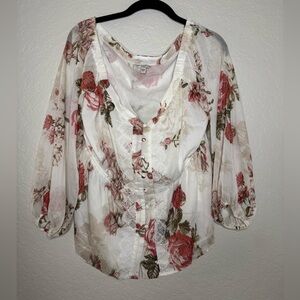 Guess White Blouse with Pink Rose Print